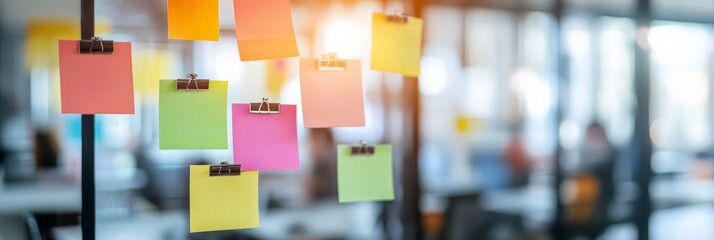 Colorful sticky notes on a glass wall in a bright office. Creative brainstorming and planning session concept for collaboration.