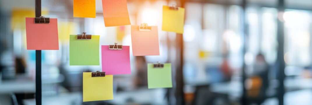 Colorful sticky notes on a glass wall in a bright office. Creative brainstorming and planning session concept for collaboration.