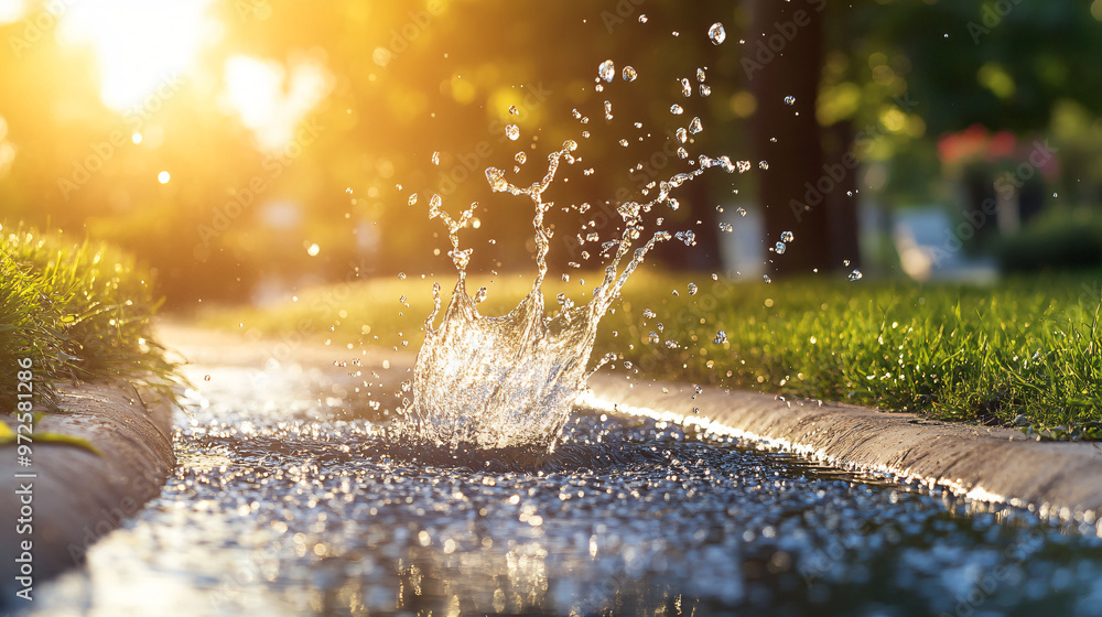 Poster sunset in a lush green park with water splashing in a concrete channel, creating a tranquil and refr