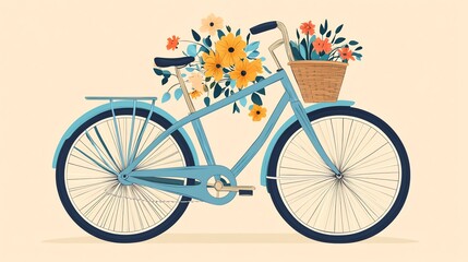 Fototapeta premium A vintage blue bicycle with a basket full of flowers.