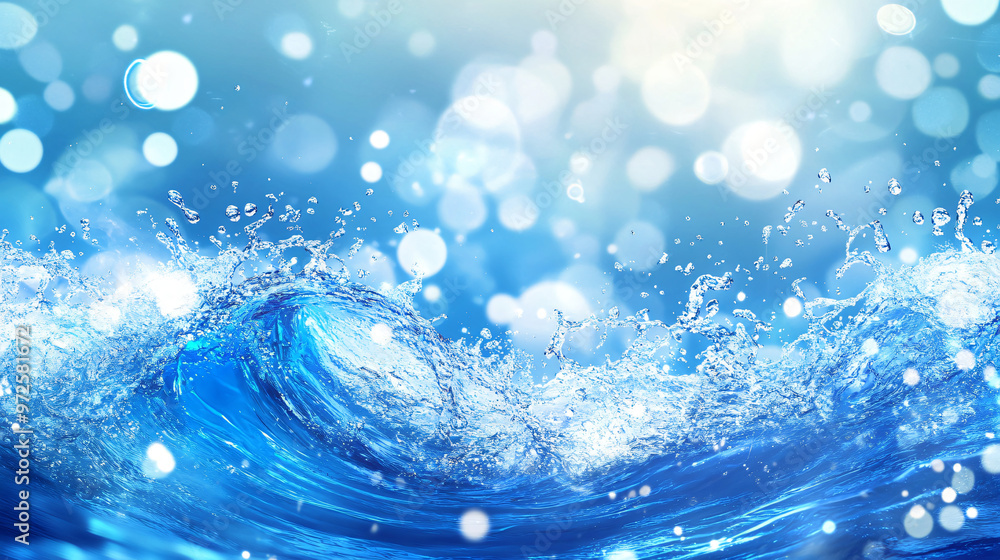 Poster Sparkling bokeh lights illuminate the refreshing blue water as it splashes and creates a wave