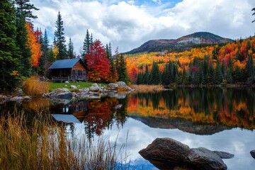 Obraz premium Tranquil Autumn Landscape with a Cabin by a Serene Lake Surrounded by Vibrant Fall Foliage