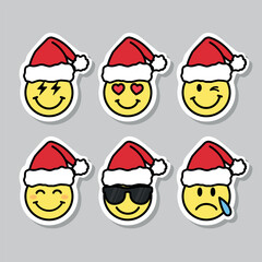 smile faces with santa hat, set of christmas emojies, cartoon vector sticker set