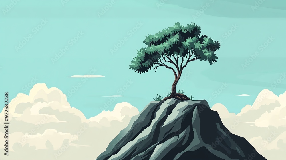 Poster a lone tree grows on a cliff with a beautiful sky and clouds behind it.