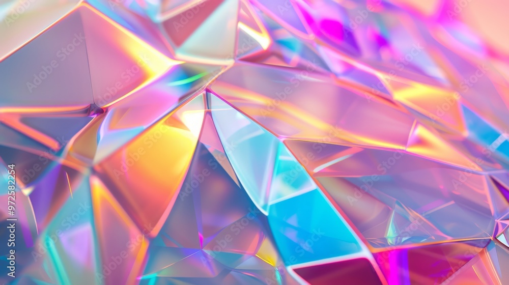 Poster abstract holographic shapes forming a geometric pattern with a blend of bright, iridescent colors. c