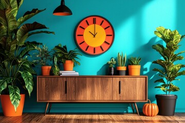 Retro-Inspired Interior Design with Orange and Yellow Accent Wall, Wooden Furniture, and Potted Plants