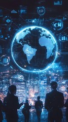 A digital globe with global business icons and figures, representing the international reach of corporate law services.