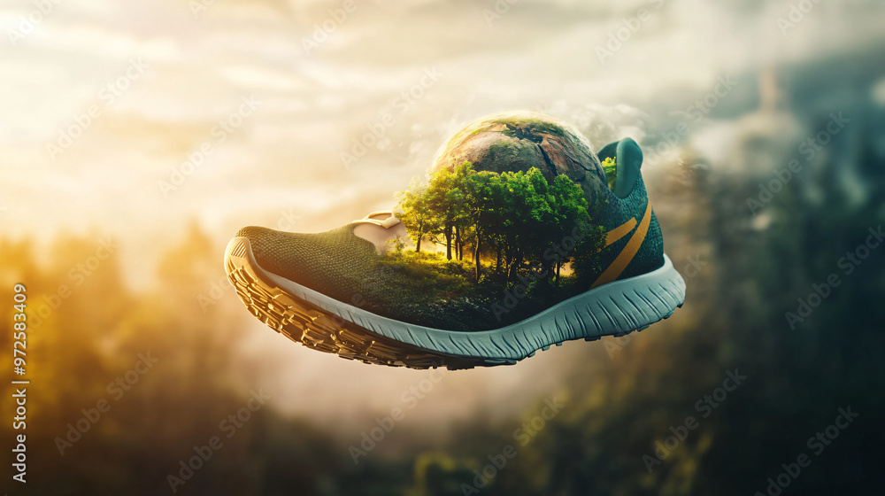 Poster Running shoe containing a tiny planet earth with a thriving green forest within