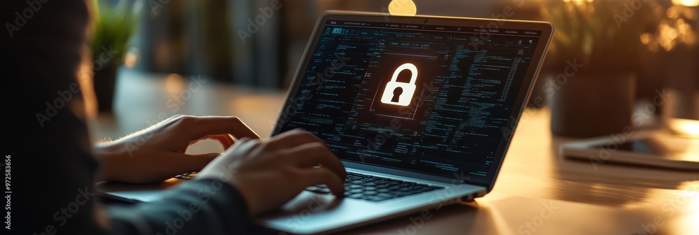 Poster Laptop with a digital lock icon on the screen in a modern workspace, representing cybersecurity and secure login. Highlighting the importance of data protection and online privacy.
