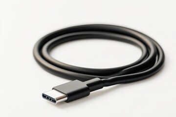 Coiled USB-C Cable on White Background