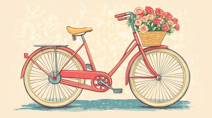 Fototapeta premium A vintage red bicycle with a basket of flowers.