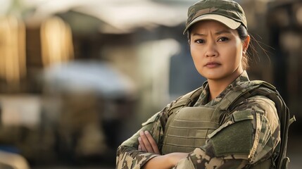 Confident Filipino Female Soldier in Military Uniform Poses Outdoors, Focus on Strength and Resilience, Suitable for Editorial and Motivational Purposes