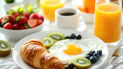 Delicious Breakfast with Fried Egg, Croissant, Kiwi and Blueberries