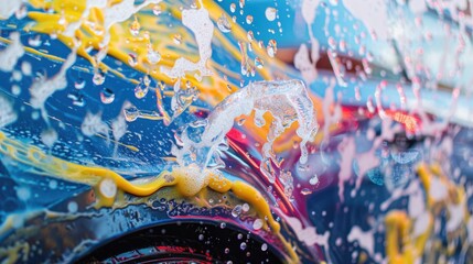 Fototapeta premium A close - up of a car covered in soapy water during the washing process at a car wash, with colorful reflections and patterns on the glass