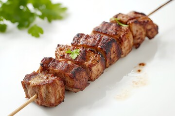 a perfectly roasted shish kebab of marinated pork, placed on a white surface, with a shallow depth of field to blur the skewer and emphasize the meat