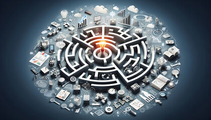 a three-dimensional maze with a light bulb at the center, symbolizing an idea or solution. Surrounding the maze are various elements such as gears, graphs, pencils, clocks, and coins, representing dif