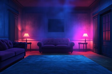 Cozy living room with vibrant purple and blue lighting, stylish furniture, and atmospheric...