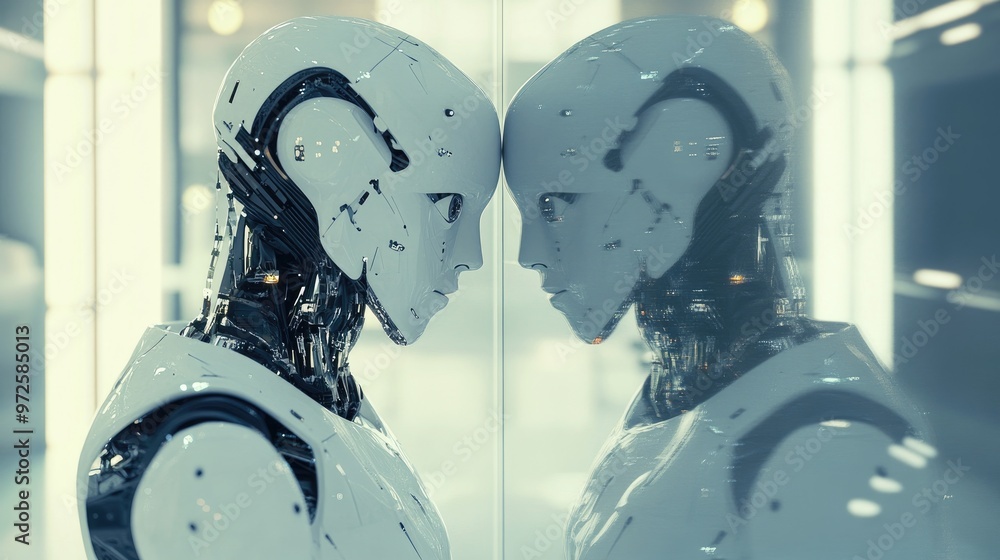 Aufkleber a robot with advanced ai inspects its reflection in a high-tech lab, reflecting a blend of human-lik
