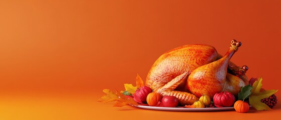 Festive roasted turkey on a platter with seasonal vegetables against a vibrant orange background, perfect for Thanksgiving and holiday celebrations.