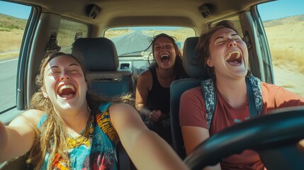 Three young women laughing uncontrollably while on a road trip in a car on a sunny day.