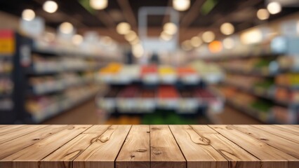Wooden Tabletop in Front of Blurred Supermarket Aisle - Retail Store Shelf Background with blur background 