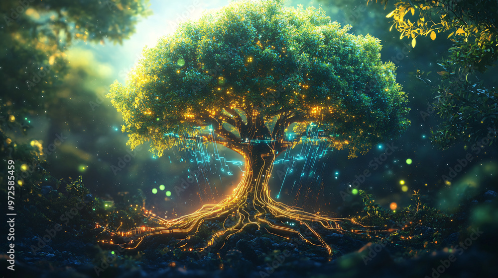 Poster magical tree glowing from within, connecting nature and technology in a mystical forest