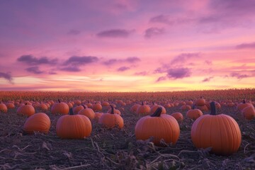 a picturesque landscape of a field at sunset, with a group of pumpkins in the foreground, their bright orange hue contrasting with the soft pink and purple hues of the sky
