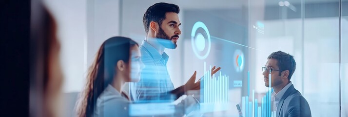 Diverse business team engaged in a serious discussion in a modern office with digital data projections. Concept of collaboration, leadership, and financial strategy.