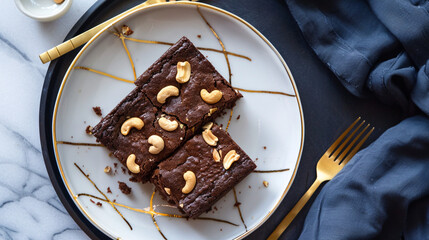 Fresh Brownies with Cashews on Elegant Table Setting