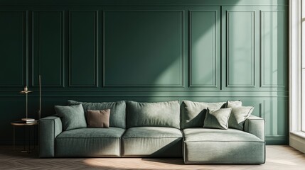 Corner sofa near dark green paneling wall Scandinavian interior design of modern living room