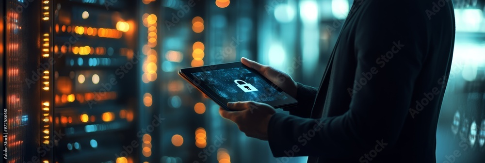 Aufkleber businessman holding a tablet with a glowing lock icon, standing in a server room, representing cyber