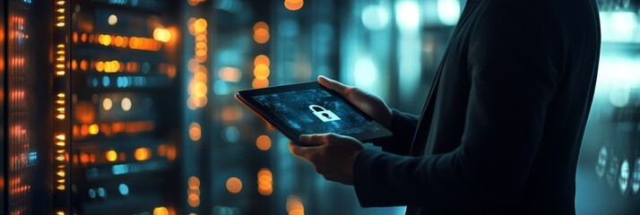 Businessman holding a tablet with a glowing lock icon, standing in a server room, representing cyber security. Data protection and secure systems concept.