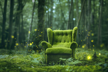 Moss armchair in the forest. Soft and comfortable armchair covered with green moss, ecology and nature, meditation, tranquility concept. Relax in the woods, enjoying peace and solitude