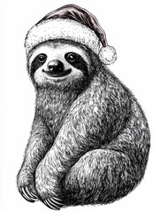 Fototapeta premium Black and white Vintage engraved art of a full-body sloth wearing a Christmas Santa hat, isolated on white background, ink sketch illustration, simple vector art design, highly detailed line 