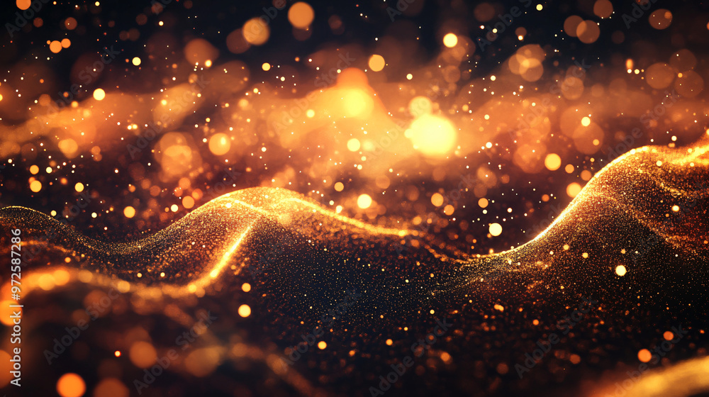 Aufkleber golden particles wave flowing on black background with bokeh effect, abstract background