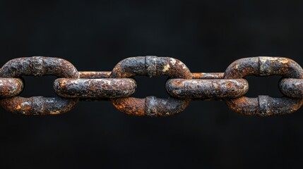 Fototapeta premium A rusty chain link against a dark background, its black surface worn from time and use, evoking resilience and history.