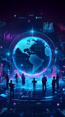 A digital globe with global business icons and figures, representing the international reach of corporate law services.
