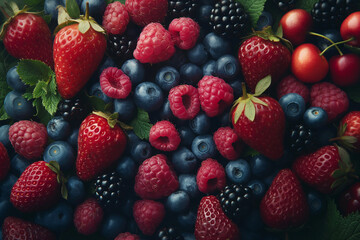 Fototapeta premium Fruits and berries background. Blueberries, blackberries, raspberries and strawberries. Summer dessert, healthy snack, fruit diet