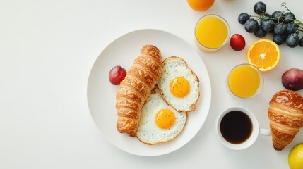 Delicious Breakfast with Croissants, Eggs, and Fruit - A Tasty Start to Your Day
