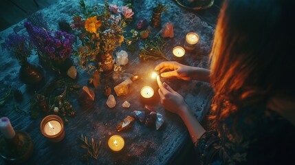 Naklejka premium A person conducts a candlelit crystal ritual surrounded by flowers and gemstones during the evening in a cozy, mystical setting