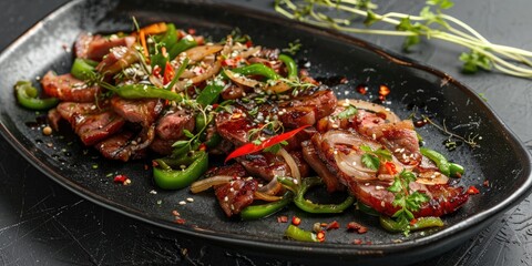 Stir-Fried Bacon with Bell Peppers and Onions