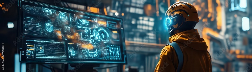 Poster a worker interacts with futuristic technology, analyzing data on a digital screen in a high-tech ind