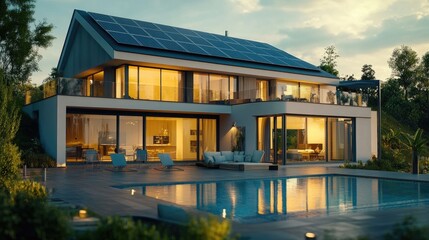 Fototapeta premium Exterior of beautiful modern house with solar panels on roof Luxury villa with terrace and swimming pool