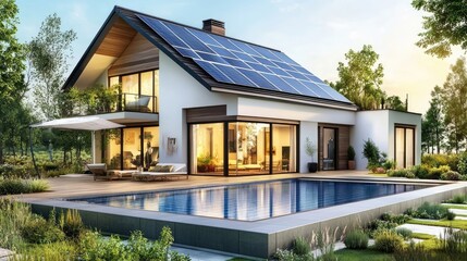 Exterior of beautiful modern house with solar panels on roof Luxury villa with terrace and swimming pool