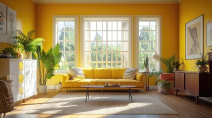 Fototapeta premium Farmhouse art deco home interior design of modern living room with yellow walls