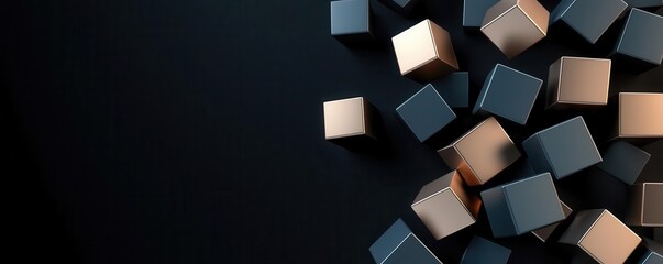 3D abstract background with geometric blocks in varying sizes, metallic textures, floating cubes on a black backdrop, modern and dynamic geometric blocks, 3D render