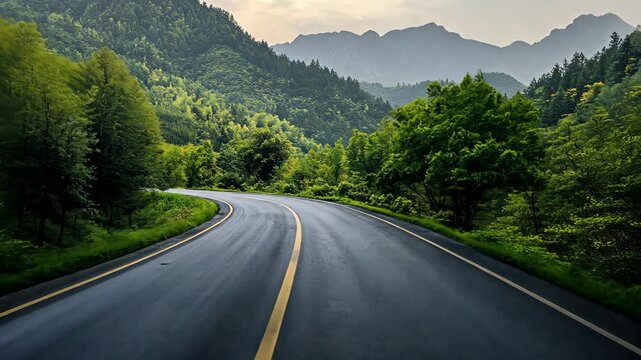 Scenic winding road through lush green mountains at dusk shows the beauty of nature in tranquil surroundings