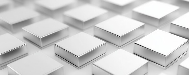 Obraz premium 3D geometric block arrangement with reflective surfaces, sharp angles, and intense light reflections, modern tech style geometric blocks, reflective