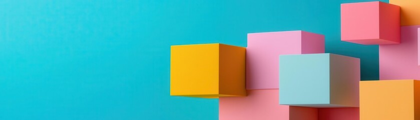 Fototapeta premium 3D render of multicolored blocks floating in space, sharp lighting, and vivid colors, giving a playful yet modern feel geometric blocks, playful