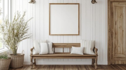 Farmhouse interior design of modern home entryway Country hall with wooden bench and mock up blank poster frame on white wall